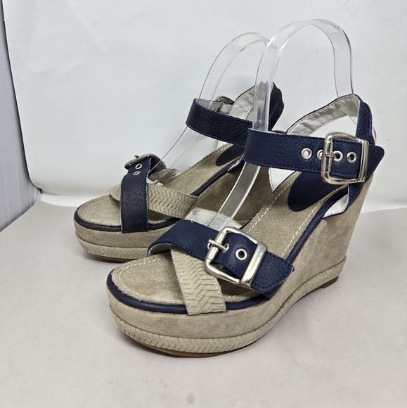Blackstone Womens Wedge Platform Sandel Sz 38=8 Blue & Tan Leather Suede Adj. - Picture 3 of 11